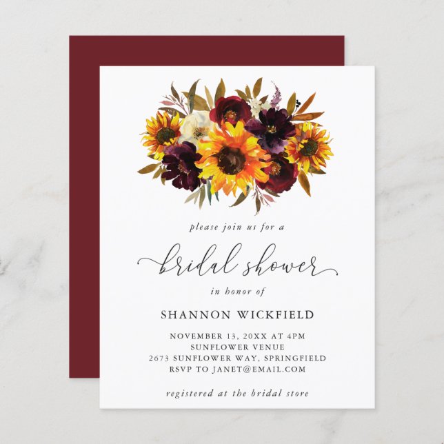 Sunflower Herfst Budget Bridal Shower Uitnodiging (Voorkant / Achterkant)