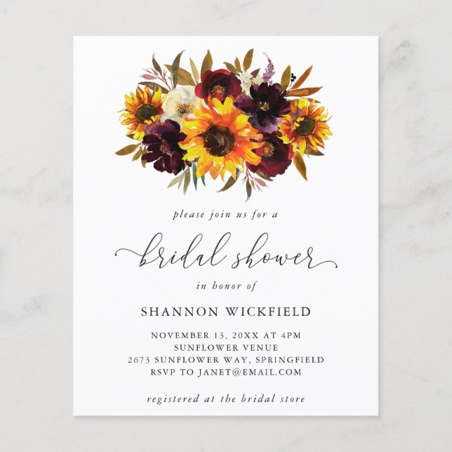 Sunflower Herfst Budget Bridal Shower Uitnodiging (Voorkant)