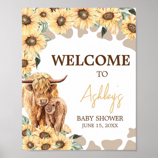 Sunflower Highland Koe Baby shower Welkom Poster (Voorkant)