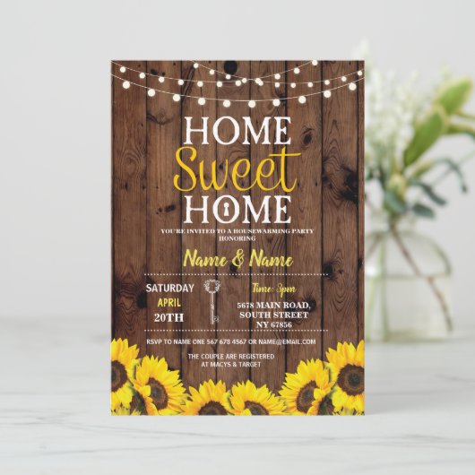 Sunflower Housewarming Sweet Home Wood Invite Kaart (Staand voorkant)