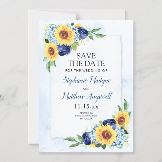 Sunflower Hydrangea Blue Waterverf Wedding Magnetische Uitnodiging (Voorkant)