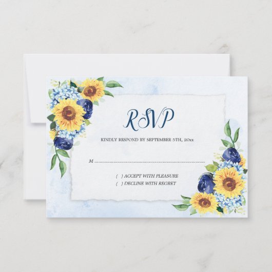 Sunflower Hydrangea Blue Waterverf Wedding RSVP Kaartje (Voorkant)