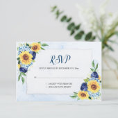Sunflower Hydrangea Blue Waterverf Wedding RSVP Kaartje (Staand voorkant)