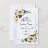 Sunflower Hydrangea Blue Waterverf Wedding Save The Date (Voorkant)