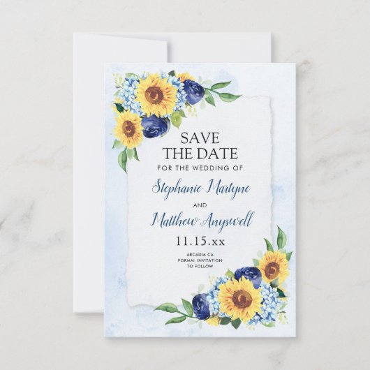Sunflower Hydrangea Blue Waterverf Wedding Save The Date (Voorkant)
