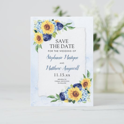 Sunflower Hydrangea Blue Waterverf Wedding Save The Date (Staand voorkant)