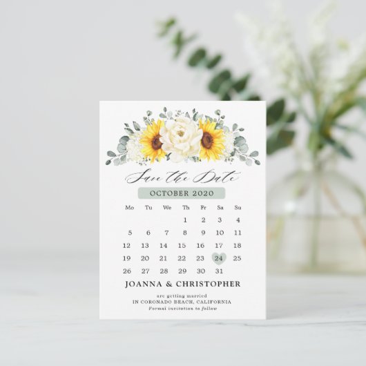 Sunflower Ivory Peony Eucalyptus Save the Date Briefkaart (Staand voorkant)