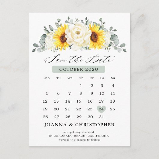 Sunflower Ivory Peony Eucalyptus Save the Date Briefkaart (Voorkant)