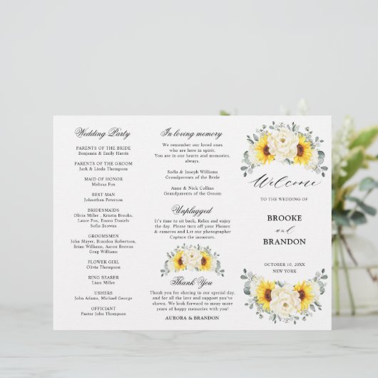 Sunflower Ivory Peony Eucalyptus Weddenschap (Staand voorkant)