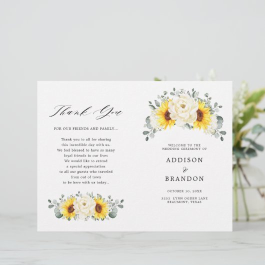 Sunflower Ivory Peony Floral Eucalyptus Programme (Staand voorkant)