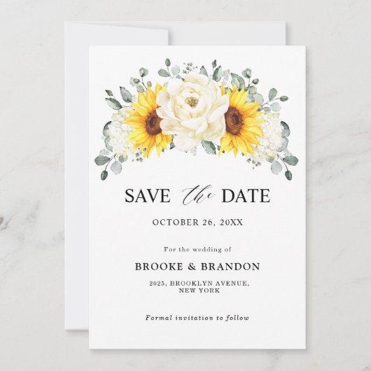 Sunflower Ivory Peony Floral Eucalyptus Wedding    Save The Date (Voorkant)
