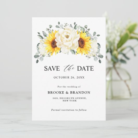 Sunflower Ivory Peony Floral Eucalyptus Wedding    Save The Date (Staand voorkant)