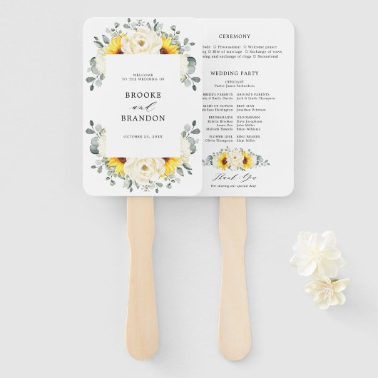 Sunflower Ivory Peony Floral Wedding Programme Handwaaier (Voorkant en achterkant)