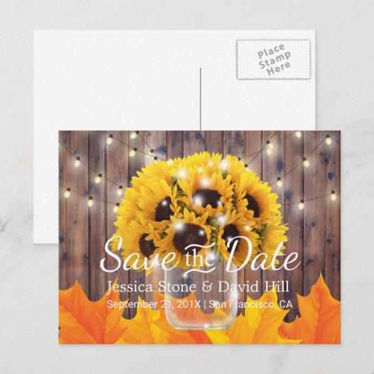 Sunflower Jar Rustic Fall Wedding Save the Date Aankondigingskaart (Voorkant / Achterkant)