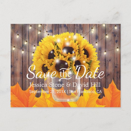 Sunflower Jar Rustic Fall Wedding Save the Date Aankondigingskaart (Voorkant)