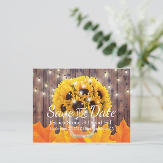 Sunflower Jar Rustic Fall Wedding Save the Date Aankondigingskaart (Staand voorkant)