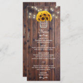 Sunflower Jar String Lights Rustic Wedding Menu (Voorkant / Achterkant)