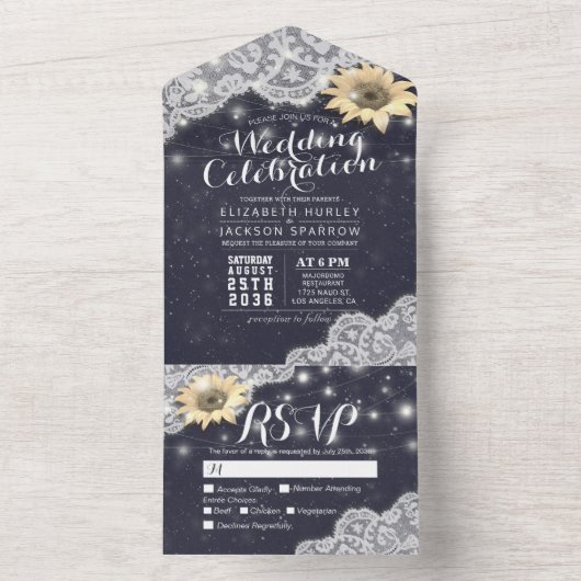 Sunflower Lace String Light Navy Blue Wedding RSVP All In One Uitnodiging (Binnen)
