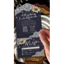 Sunflower Lace String Light Navy Blue Wedding RSVP All In One Uitnodiging