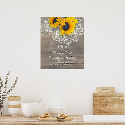 Sunflower Lace Wood Rustic Wedding Welcome Sign Poster (Keuken)