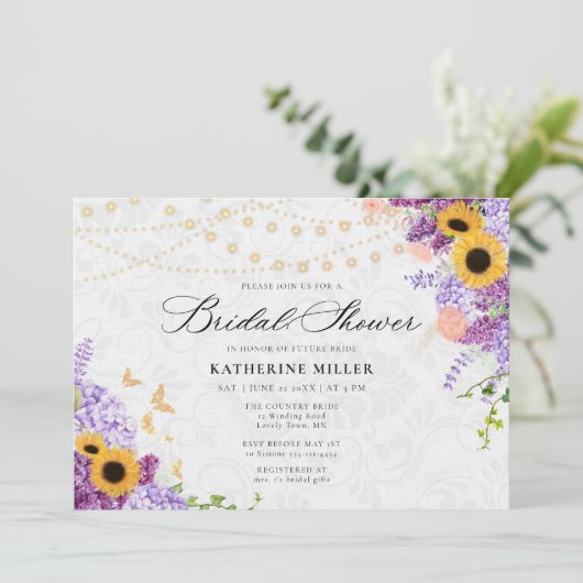 Sunflower Lilac String Lights Rustic Bridal Shower Kaart (Staand voorkant)