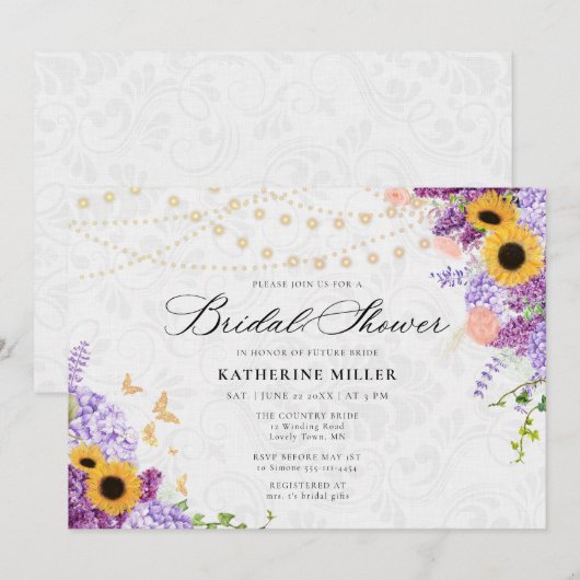 Sunflower Lilac String Lights Rustic Bridal Shower Kaart (Voorkant / Achterkant)