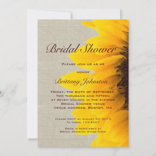 Sunflower Linen Rustic Bridal Shower Kaart (Voorkant)