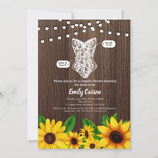 Sunflower lingerie-doucheuitnodiging bijtend hout kaart (Voorkant)
