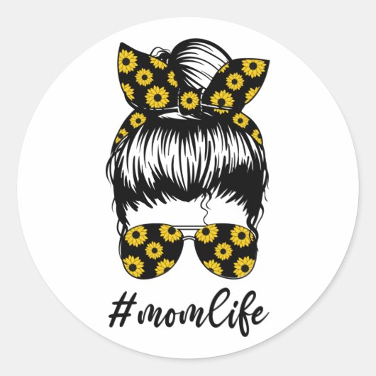Sunflower Ma Life Messy Bun Cute Moederdag Ronde Sticker (Voorkant)