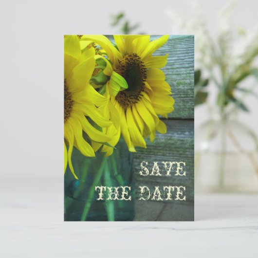 Sunflower Mason Jar Barnwood Herfst Save the Date (Staand voorkant)