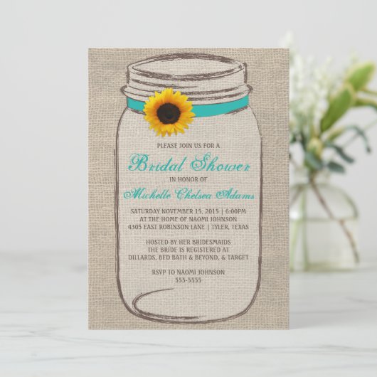 Sunflower Mason Jar Bridal Showuitnodiging Kaart (Staand voorkant)