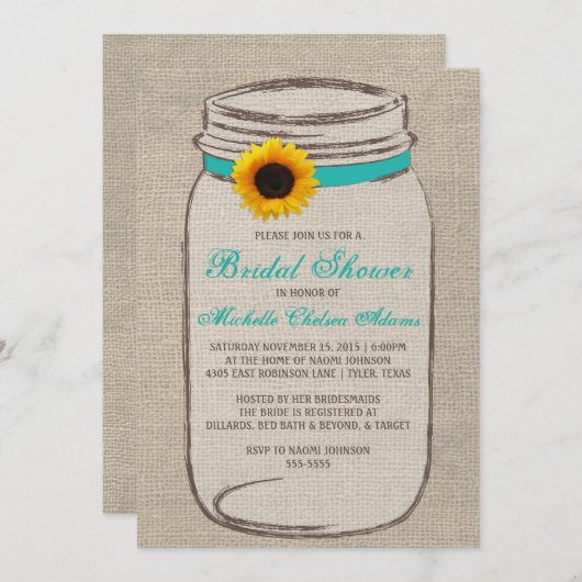 Sunflower Mason Jar Bridal Showuitnodiging Kaart (Voorkant / Achterkant)