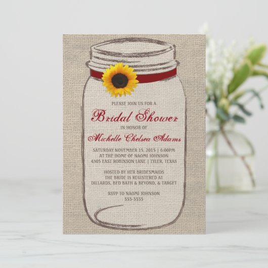 Sunflower Mason Jar Bridal Showuitnodiging Kaart (Staand voorkant)