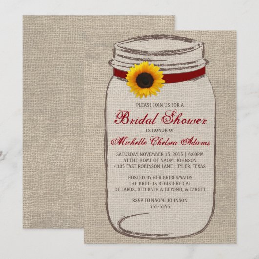 Sunflower Mason Jar Bridal Showuitnodiging Kaart (Voorkant / Achterkant)