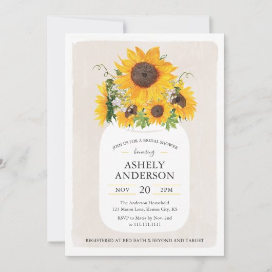 Sunflower Mason Jar Bridal Showuitnodiging Kaart (Voorkant)