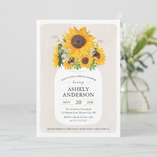 Sunflower Mason Jar Bridal Showuitnodiging Kaart (Staand voorkant)
