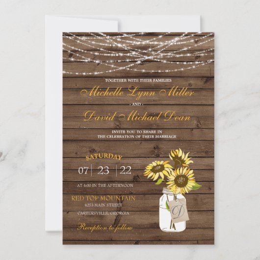 Sunflower Mason Jar & Lights Wedding Uitnodiging (Voorkant)