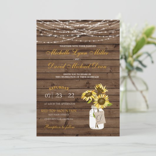 Sunflower Mason Jar & Lights Wedding Uitnodiging (Staand voorkant)