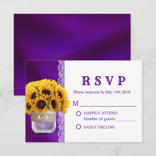 Sunflower Mason Jar Paars Wedding RSVP (Voorkant / Achterkant)