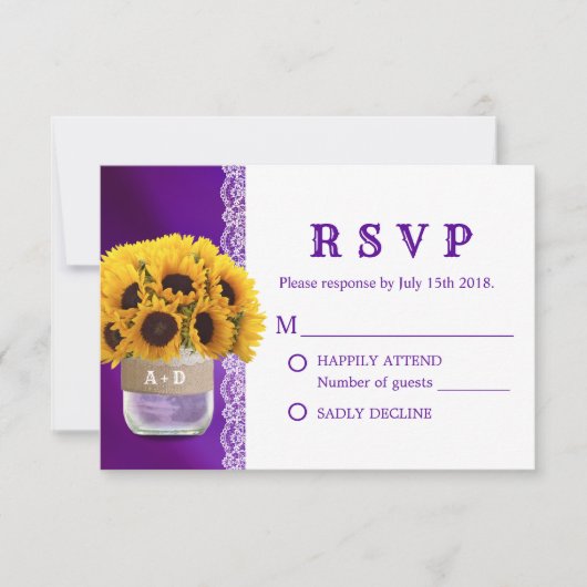 Sunflower Mason Jar Paars Wedding RSVP Kaartje (Voorkant)