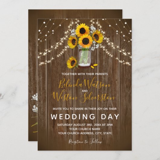 Sunflower Mason Jar Rustic Barn Wood Weddenschap Kaart (Voorkant / Achterkant)