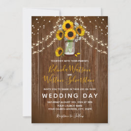 Sunflower Mason Jar Rustic Barn Wood Weddenschap Kaart