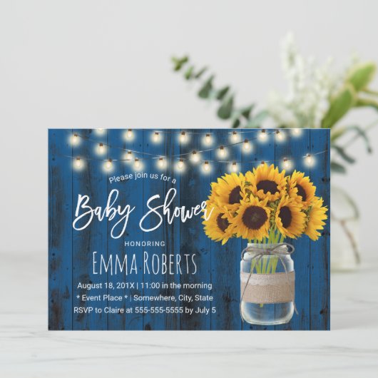Sunflower Mason Jar Rustic Navy Blue Baby shower Kaart (Staand voorkant)