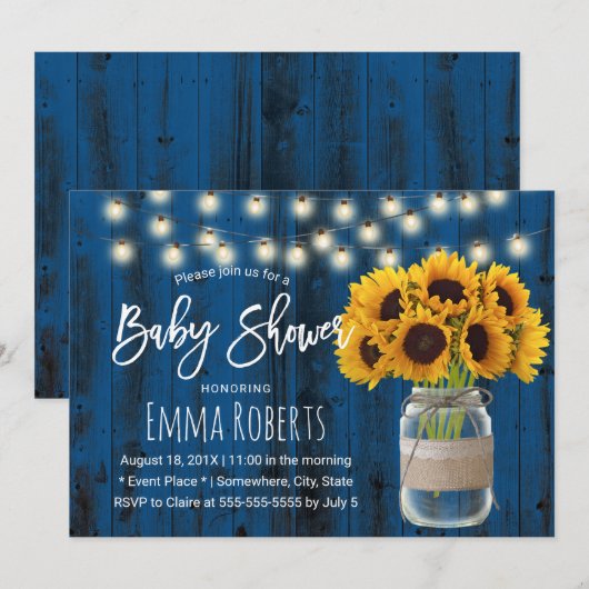 Sunflower Mason Jar Rustic Navy Blue Baby shower Kaart (Voorkant / Achterkant)