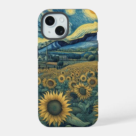 Sunflower Meadow in the Starry Night iPhone 15 Case (Achterkant)