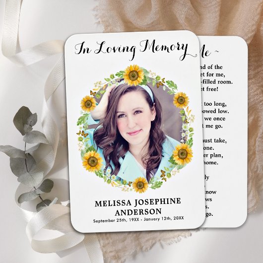 Sunflower Memorial Foto Funeral Prayer Kaart