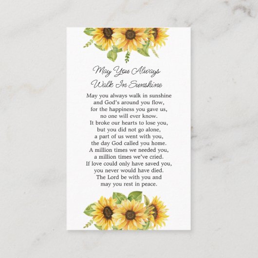 Sunflower Memorial Foto Funeral Prayer Kaart Visitekaartje (Achterkant)