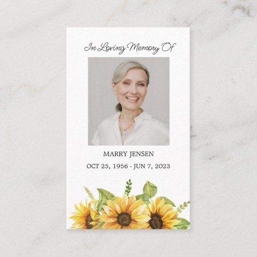 Sunflower Memorial Foto Funeral Prayer Kaart Visitekaartje (Voorkant)