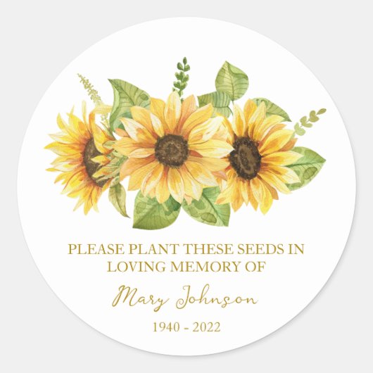 Sunflower Memorial Funeral Seed Packet Ronde Sticker (Voorkant)