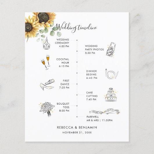 Sunflower Modern Icons Wedding Itinerary Programme (Voorkant)